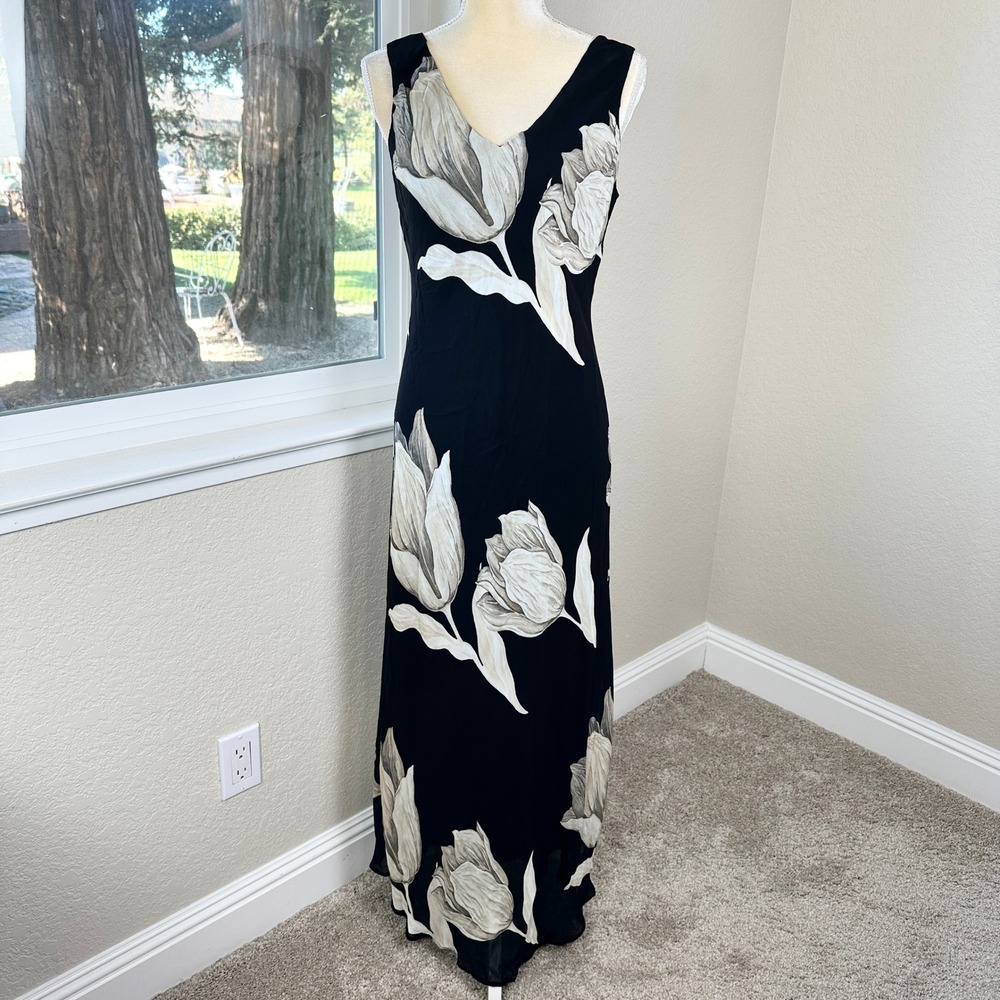 Vintage 90s Tessuto Black Floral Maxi‎ Dress V Neck Sleeveless Womens M Elegant